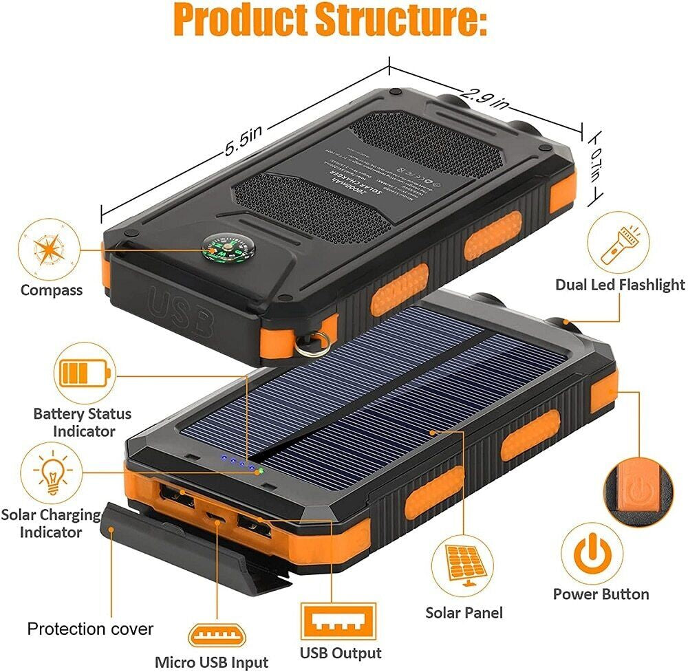 20,000 mAh Portable Solar Power Bank with Dual USB Ports for Phones and Tablets