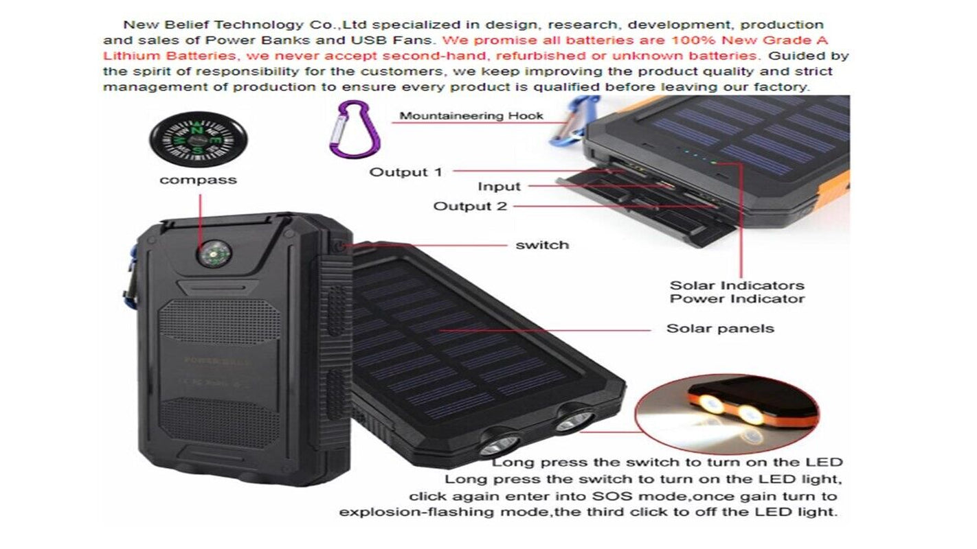 20,000 mAh Portable Solar Power Bank with Dual USB Ports for Phones and Tablets