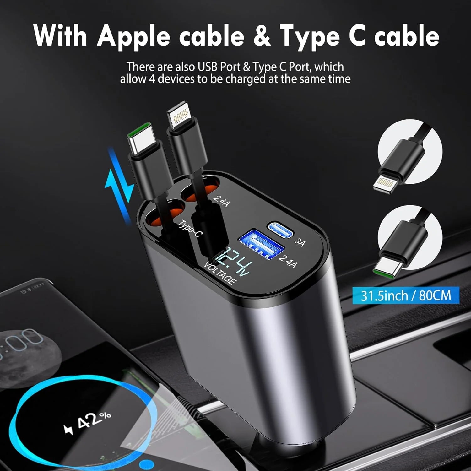 Retractable Car Charger, 100W in Super Fast Charge Car Phone
