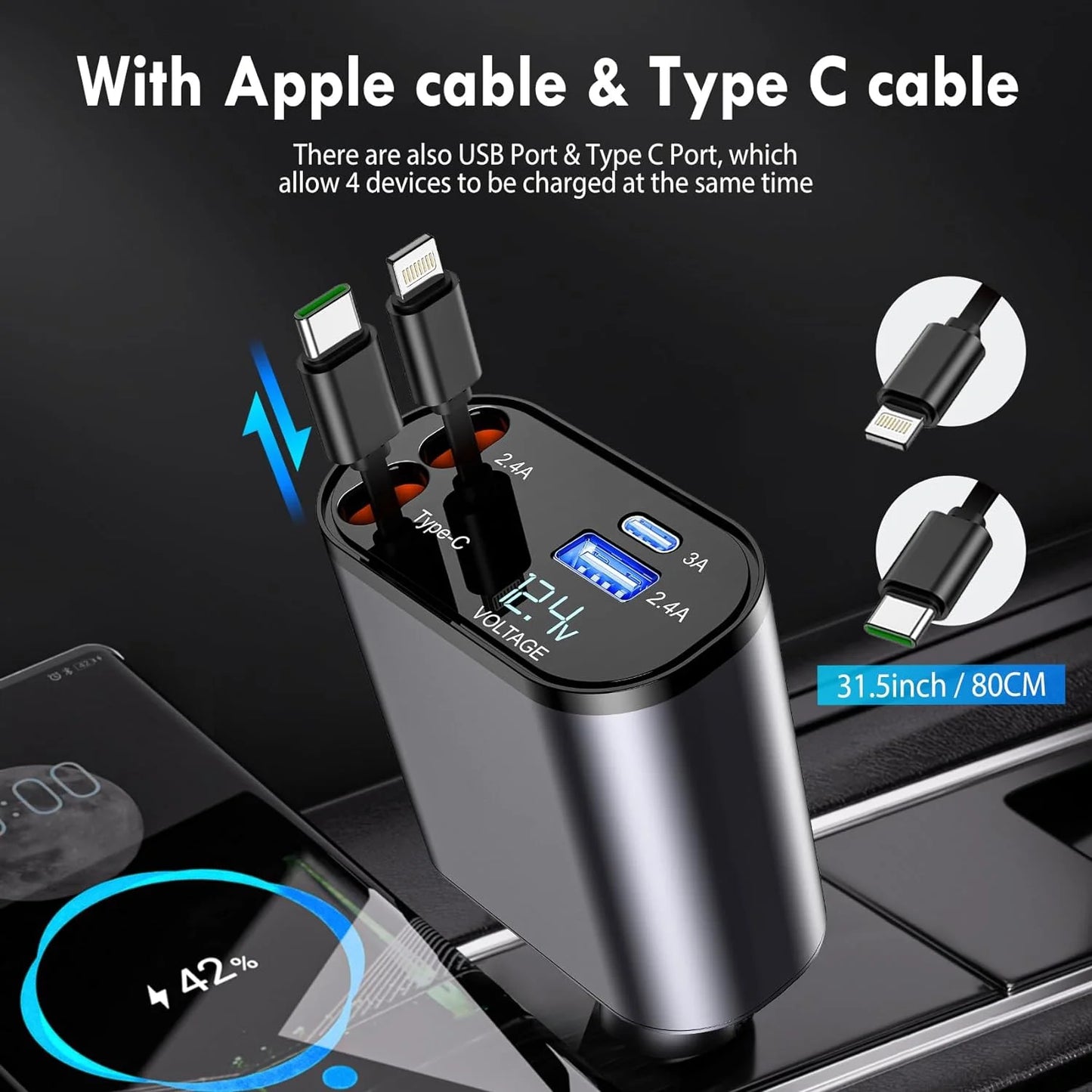 Retractable Car Charger, 100W 4 in 1 Super Fast Charge Car Phone Charger,Retractable Cables (31.5 Inch) and 2 USB Ports Car Charger Adapter for Iphone 15/14/13/12 Pro Max Xr,Ipad,Samsung,Pixel